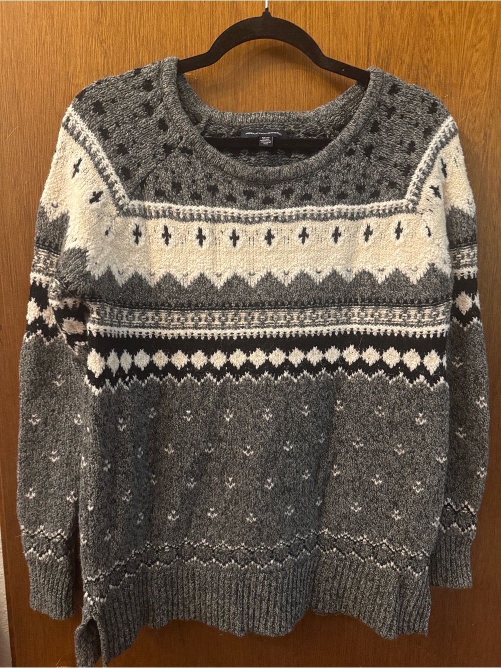 American Eagle Outfitters Gray and Cream Fair Isle Crewneck Sweater